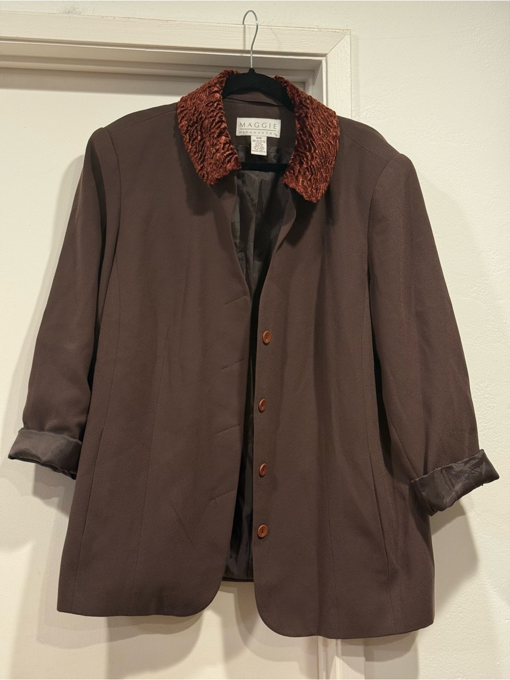 VINTAGE Brown Wool-Blend Jacket w/ Textured Removable Collar & Brown Buttons